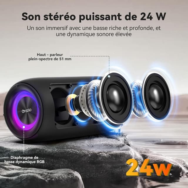 Detalle 2 de oraolo Enceinte Bluetooth puissante 24W mini portable IPX6 (Bluetooth 5.4, RGB, TWS, USB, AUX, TF, jusqu’à 30 h)