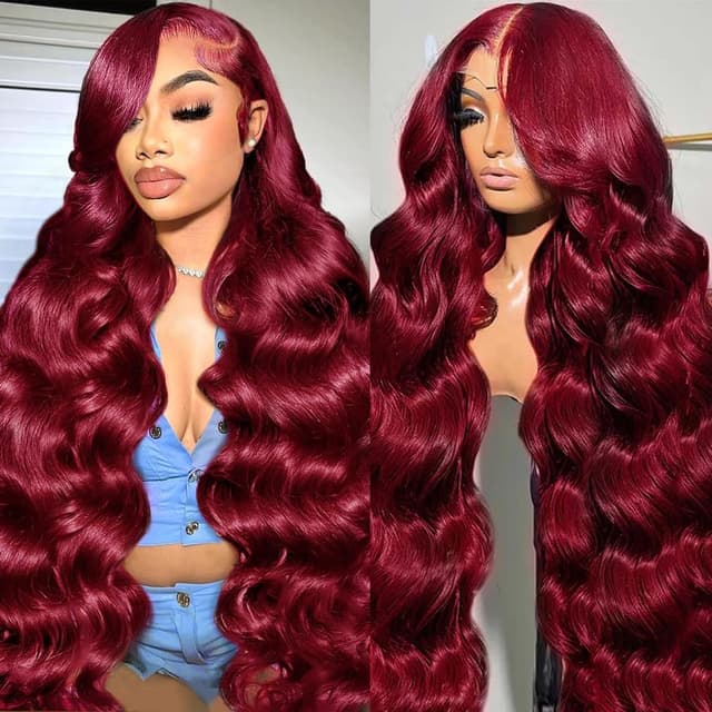 Detalle de pidrez 250% Density 28-Inch Burgundy Human Hair 13x6 Lace Front Wig (99J) Body Wave