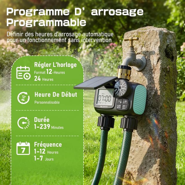 Detalle de Programmateur d’arrosage solaire CyberOrd 2 zones avec minuterie, modes auto/manuel et délai de pluie
