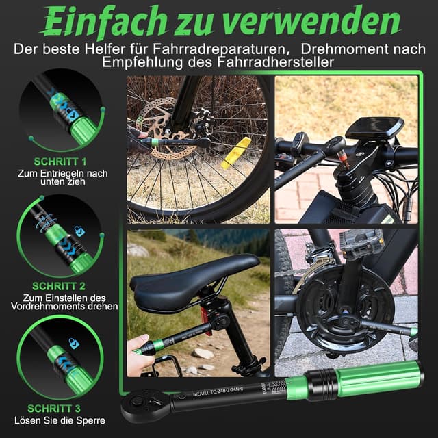 Detalle 2 de Meayll 15-teiliges Drehmomentschlüssel-Set fürs Fahrrad (1/4", 2–24 Nm, ±3%) inkl. 12 Bits, 72-Zahn-Umschaltratsche