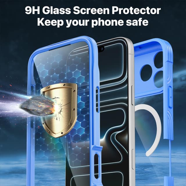 Detalle de CENHUFO MagSafe iPhone 17 Pro case with built-in 9H glass screen protector – 360° shockproof bumper (Blue)