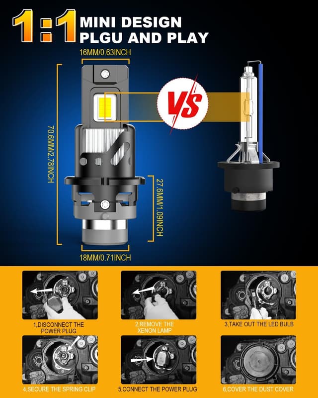 Detalle 2 de KATUR D4S LED Headlight Bulbs (Pack of 2) — 6500K Xenon White, 30000LM, plug and play