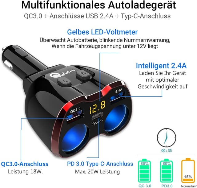 Detalle de PD3.0 Zigarettenanzünder-Verteiler 150W – 12V Kfz-Adapter mit 3× USB, Schalter & Mehrfach-Steckdose