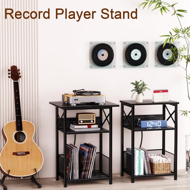 Detalle de AMHANCIBLE HETCD012BK-1 Record Player Stand with Charging Station (3-tier bedside table)