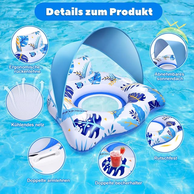 Detalle 2 de JONRRYIN aufblasbare Pool-Luftmatratze/Schwimmsessel mit Sonnendach, Rückenlehne und 2 Getränkehaltern