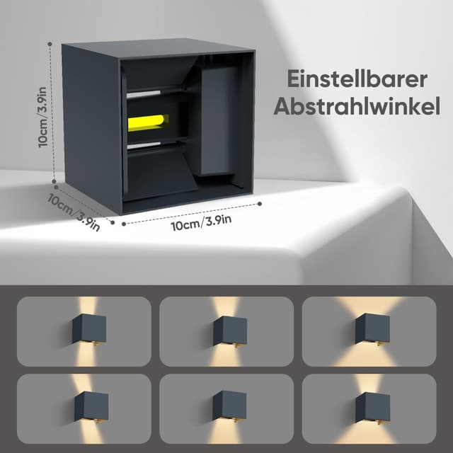 Detalle de vatato LED-Wandleuchte (2er-Set) 12 W, 3000 K Warmweiß, Aluminium, IP54 – einstellbarer Lichtstrahl (Anthrazit RAL 7016)