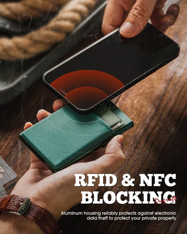 Detalle 2 de DUGRAFT Men’s Pop-Up Credit Card Holder Wallet (Midnight Green) – Slim RFID Blocking Aluminium Card Wallet with Coin Pocket