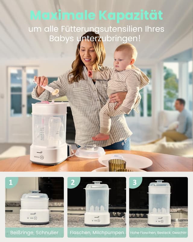 Detalle de Grownsy Sterilisator für Babyflaschen mit Trocknerfunktion (5-in-1) – Dampfsterilisator & Luftfilter für bis zu 5 Flaschen