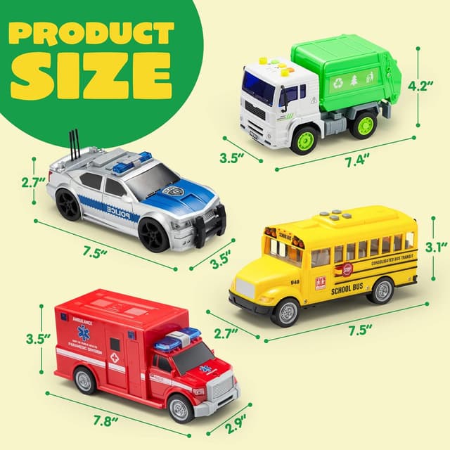 Thumbnail 6 de JOYIN 4-Piece 7-Inch Vehicle Toy Set (Police Car, School Bus, Garbage Truck, Ambulance) With Lights & Siren Sounds