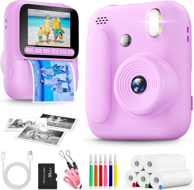 Detalle de Naxup Sofortbildkamera für Kinder mit 1080P, 5 Rollen Druckpapier und 32-GB-Karte (Lila)
