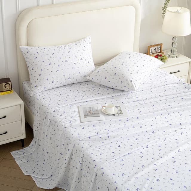 Detalle 2 de softan Purple Floral King Bed Sheet Set with 15-inch Deep Pocket Fitted Sheet & Non-Slip Straps