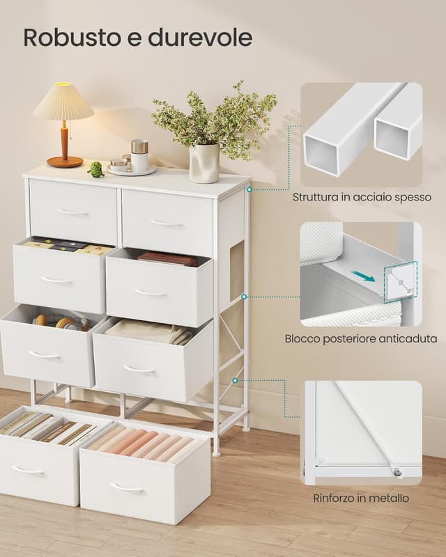 Detalle de SONGMICS BELLAH LGS124WH01 cassettiera bianca con 8 cassetti, struttura in acciaio e piano portante fino a 30 kg