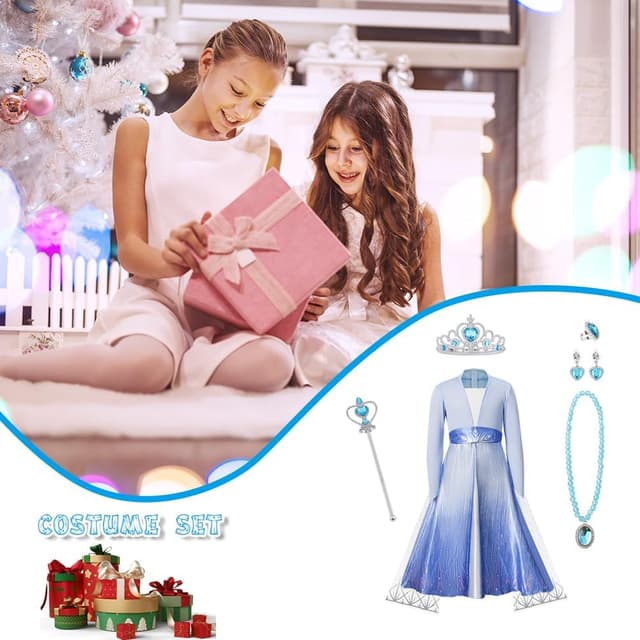 Thumbnail 6 de Costume Principessa Bambina AUYAO con corona, bacchetta e gioielli (abito blu) per Halloween, Natale e Carnevale
