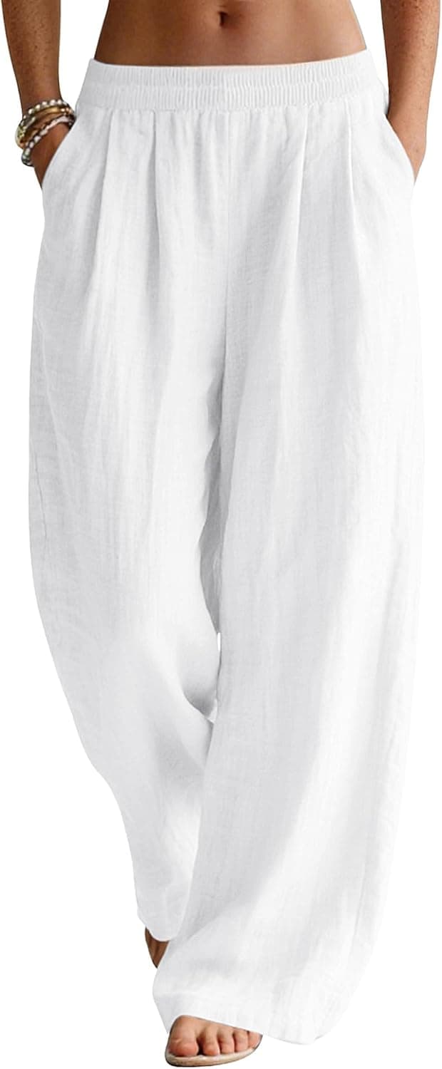 Detalle de Rapbin Linen Trousers for Women – Wide-Leg Summer Palazzo Pants with Elasticated Waist and Pockets