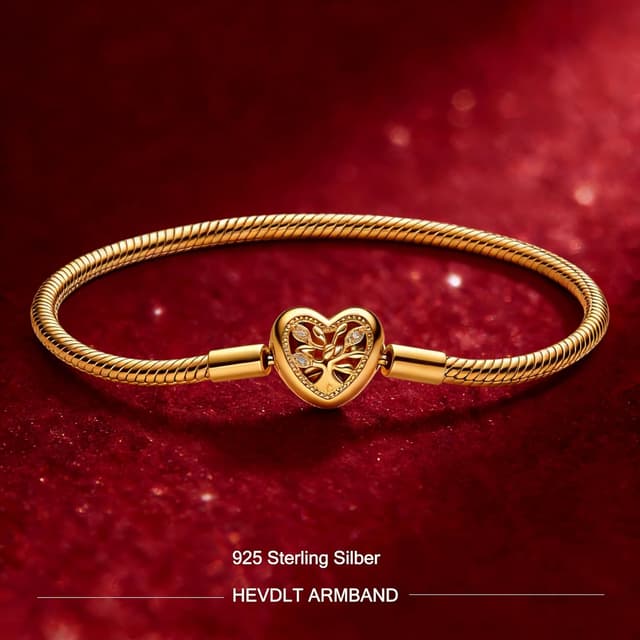 Detalle de Hevdlt Goldfarben Damenarmband aus 925er Sterlingsilber (vergoldete Metalllegierung) für Moments/Charms, 17–21 cm