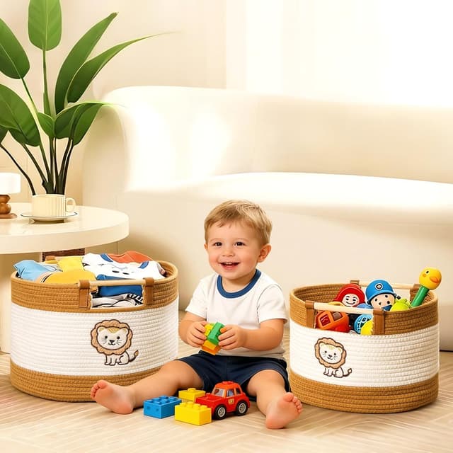 Detalle de Tidelit Baumwollseilkörbe für Kinder – gewebter Spielzeugkorb mit Holzgriffen, 17 l