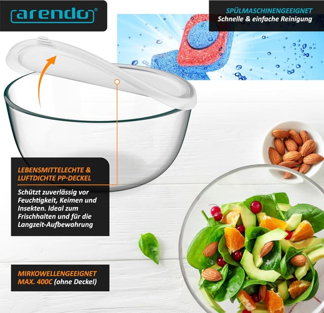 Detalle de Arendo Rührschüsseln aus Borosilikatglas im 4er-Set mit Deckel (0,7 / 1,1 / 2,7 / 4,4 l)