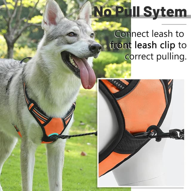 Detalle 2 de Belababy Adjustable Reflective No Pull Dog Harness (Front Clip) with Control Handle, Orange, Size M