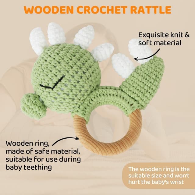 Detalle de Vicloon Wooden Baby Rattle (Dinosaur) – Beech wood ring & crochet sensory toy for 0–12 months