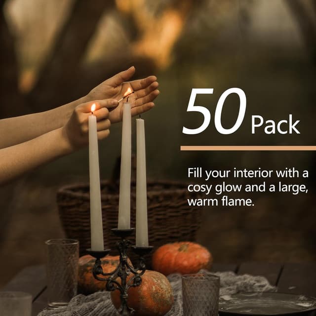 Detalle de Ivory taper dinner candles gift set – dripless 7-hour, unscented (50 pack)