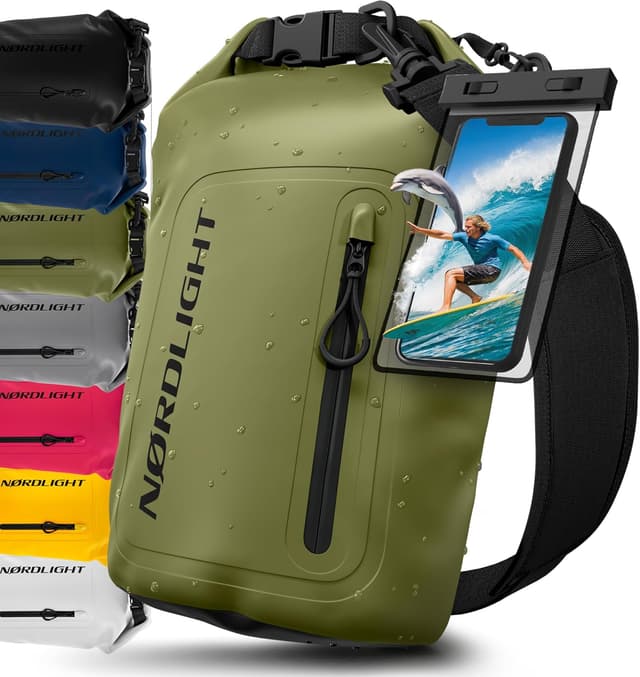 Detalle de Nordlight Dry Bag wasserdichte Tasche mit Handyhülle, Roll-Top und Schultergurt (10 Liter) – Olivgrün
