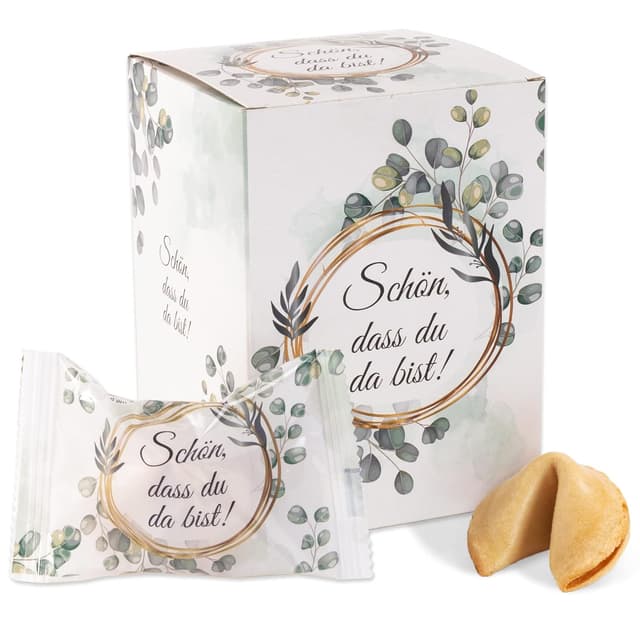 Detalle de FOOD crew 12x Glückskekse „Schön dass du da bist“ – einzeln verpackt, vegan (Gastgeschenk Hochzeit & Kommunion)