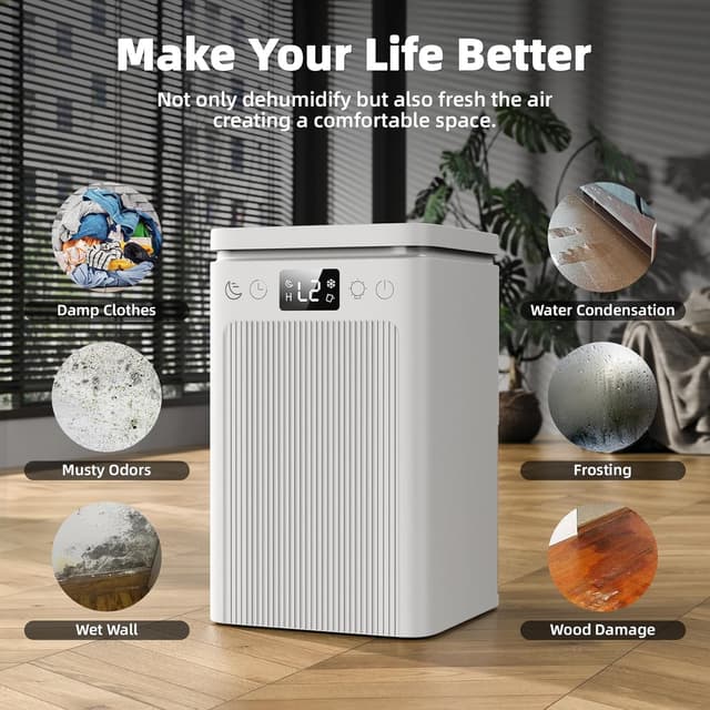 Detalle 2 de Dehumidifiers for Home 2.2L / 77oz Water Tank Dehumidifier with Smart Defrost, Quiet Sleep Mode and Touch Control (Cream)