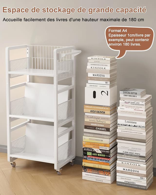 Detalle de Chariot Livre Bibliothèque à roulettes avec 3 étagères mobiles (capacité 70 kg) et serre-livres magnétiques