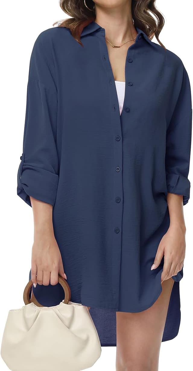 Detalle de Tanmolo Damen-Bluse mit V-Ausschnitt und Knopfleiste (Langarm, Polyester) – lässiges Hemd zum Kombinieren