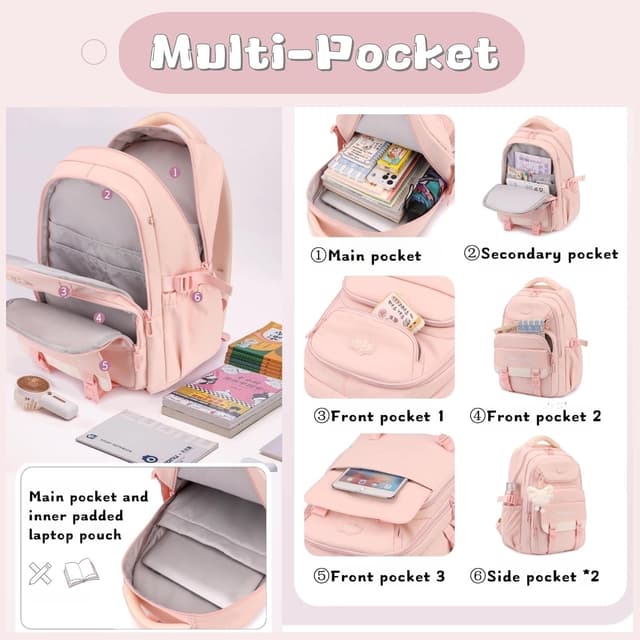 Detalle 2 de Bansusu Girls Backpack for Primary & Secondary School (29L) with Padded Straps