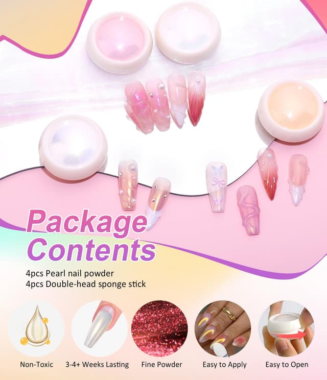 Detalle de BISHENGYF Weißes Chrome Nail Powder (Aurora Pearl/Glazed Donut/Holo Spiegel) – 4er-Set für Gel- & DIY-Nägel