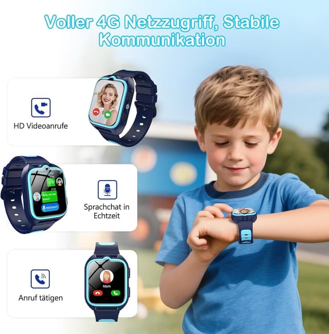 Detalle de IOWODO Montre connectée enfants 4G Wi‑Fi GPS, SOS et mode école (4–12 ans) – Bleu