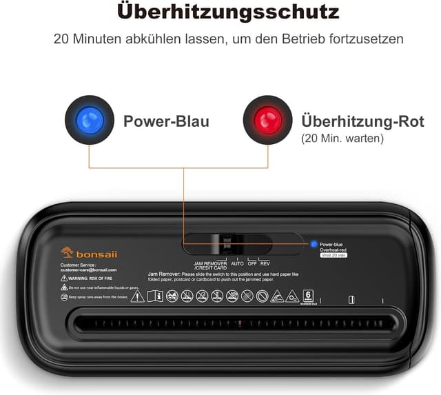 Detalle de Bonsaii S123-A Aufsatz-Aktenvernichter (P2), Streifenschnitt für 6 Blätter, 9‑Liter Papierkorb