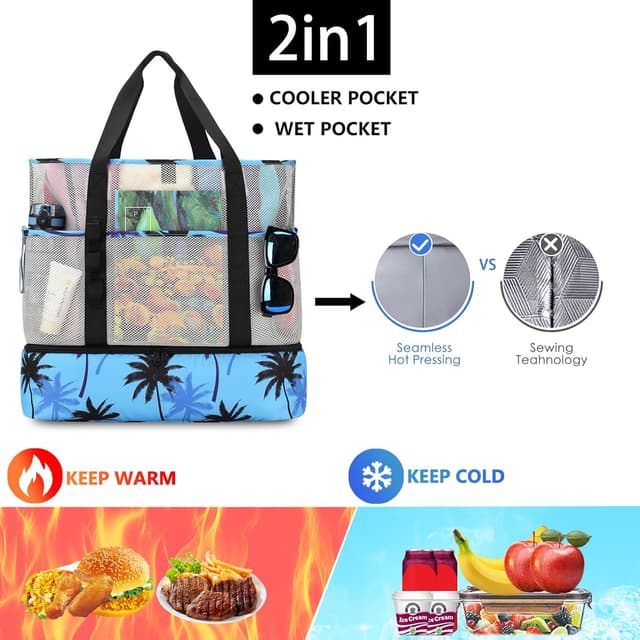 Detalle de UYLIA 8-Taschen Tote Mesh Strandtasche inkl. Kühlfach – faltbar, wasserdicht für Strand, Reise & Picknick