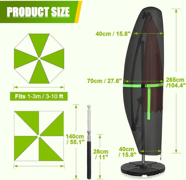 Detalle 2 de Housse de protection GEMITTO pour parasol extérieur 420D (265 x 40/70/50 cm) avec perche télescopique et bande magique
