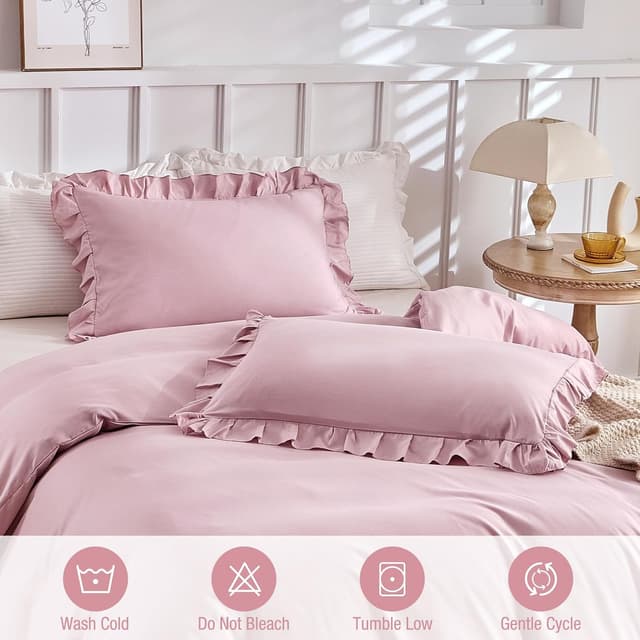 Detalle de Tokokimo Ruffle Duvet Cover Double (200x200 cm) in Pink with 2 Pillowcases