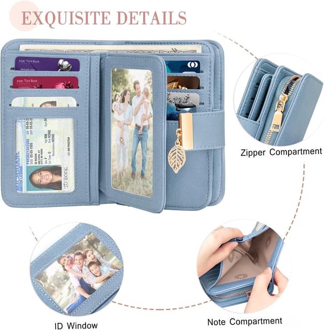 Detalle de Faneam Ladies Purse RFID Blocking Leather Wallet with Wrist Strap and 14 Card Slots