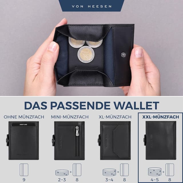 Detalle 2 de VON HEESEN Slim Wallet mit XXL-Münzfach & RFID-Schutz – Leder-Kartenetui in Schwarz