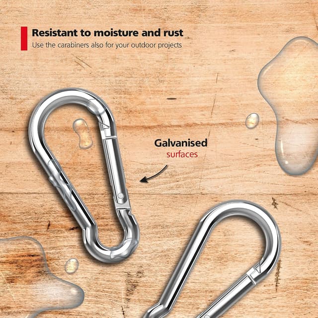 Detalle 2 de RAVN HAMAN 6er Set Karabiner-Haken 8 x 80 mm mit Schnappverschluss (bis 230 kg) aus verzinktem Stahl