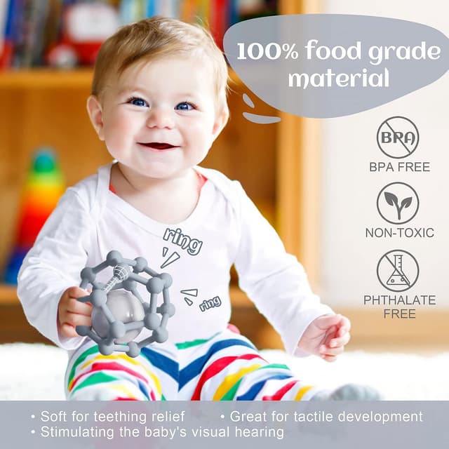 Detalle de MCGMITT Baby-Beißring mit Rassel-Ball aus Silikon (grau) für Babys 3–12 Monate