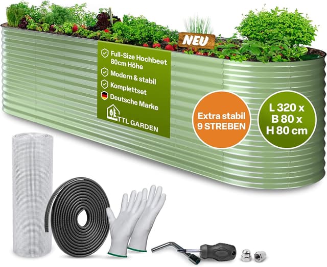 Detalle de TTL GARDEN Nature XL Metall-Hochbeet 320 x 80 x 80 cm (salbei-grün) aus verzinktem & lackiertem Stahl