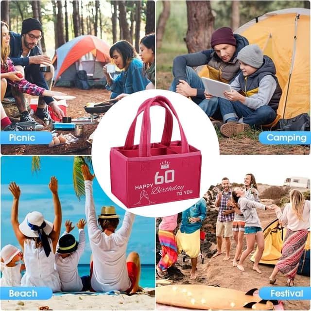 Detalle de Flaschentasche zum 60. Geburtstag Frau – lustige Filztasche für bis zu 6 Champagnerflaschen (24 x 15 x 15 cm)