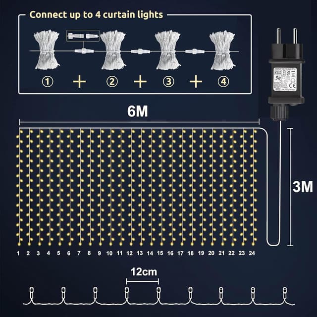 Detalle de Dekofun 2 pezzi tenda luminosa 6x3 m con 600 LED bianco caldo, timer e 8 modalità, IP65
