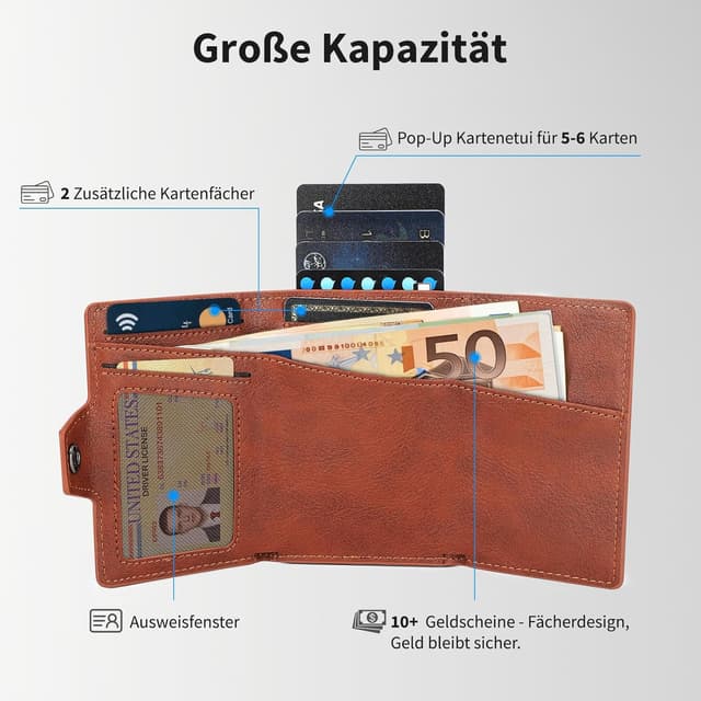 Detalle 2 de BAIGIO Airtag Geldbörse Herren – Smart Wallet mit Münzfach, RFID-Schutz und Pop-up Kartenetui (braun)