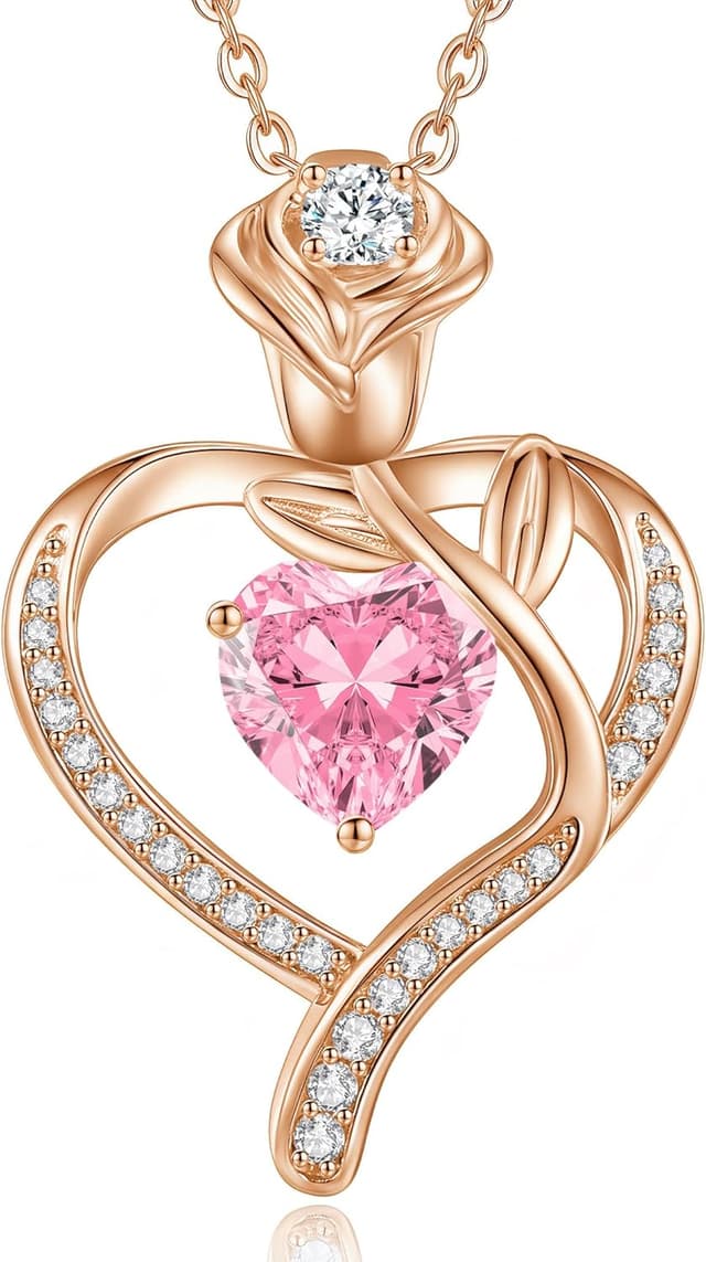 Detalle de CDE Collier femme pendentif cœur et rose argent 925 personnalisable avec pierre de naissance