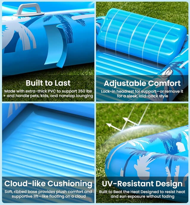 Thumbnail 6 de X-Large Inflatable Tanning Pool Lounger Float with Sprinkler (Auto Spray Cooling) — Holds up to 2, with Cup Holder