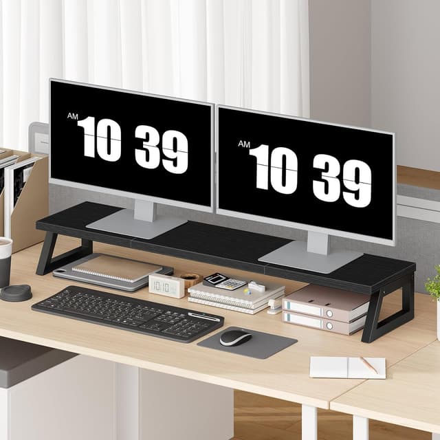 Detalle de HOOBRO EBB121CJ01 supporto scrivania per 2 monitor con rialzo e spazio contenitore