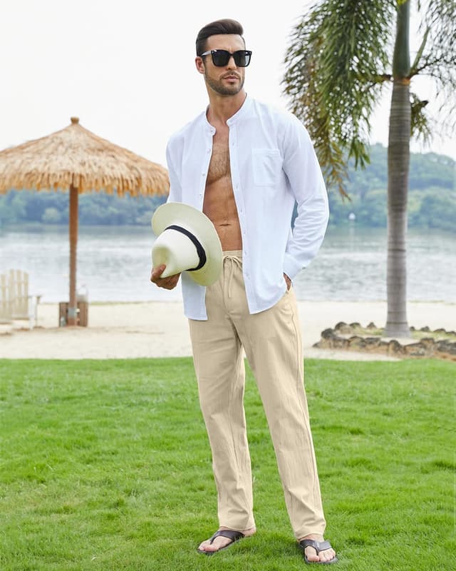 Detalle de Pantalon en lin homme NANAMEEI : ampleur estivale, poches et taille élastique à cordon