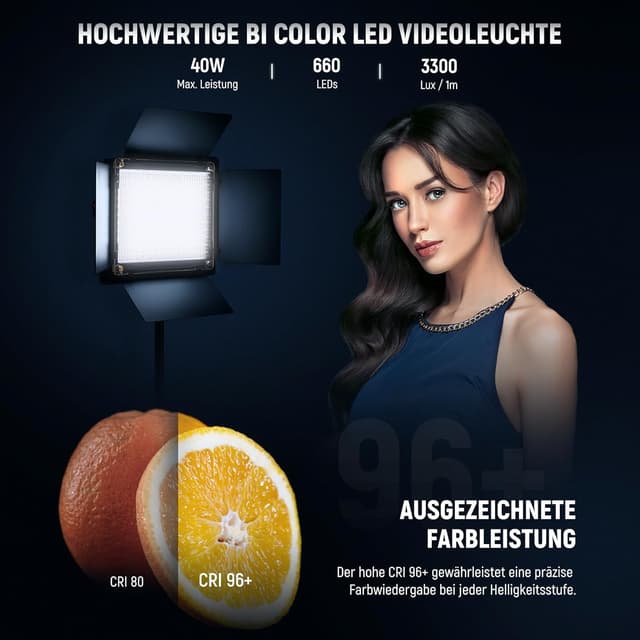Detalle 2 de NEEWER 2 STK Bi-Color 660 LED Videolicht-Set (3200K–5600K, CRI 96+, dimmbar) mit 2 Stativen