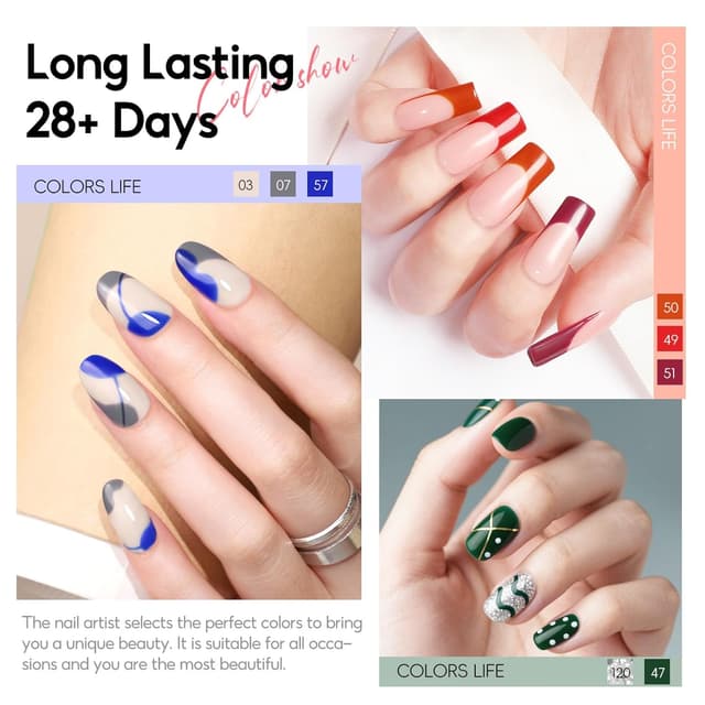 Detalle 2 de Peacecolor UV-Nagellack-Set mit 55 Farben (60-teilig) inkl. Base- und Top-Coats für Gelnägel-Starter